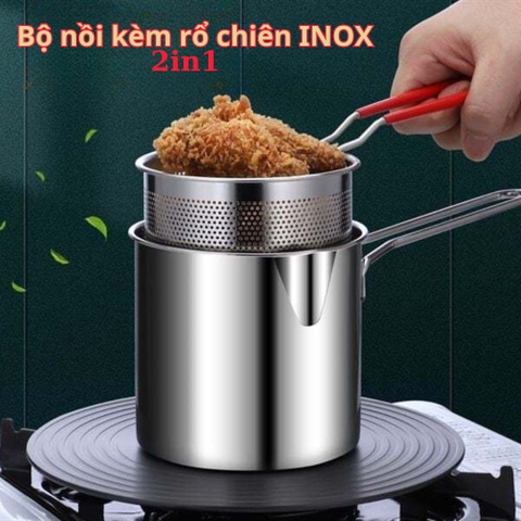 Nồi Chiên Ngập Dầu 1200ml 2 in 1 Mini Inox Đa Năng + Lưới Chiên + Thảm Chống Trượt + Kẹp PVN10051
