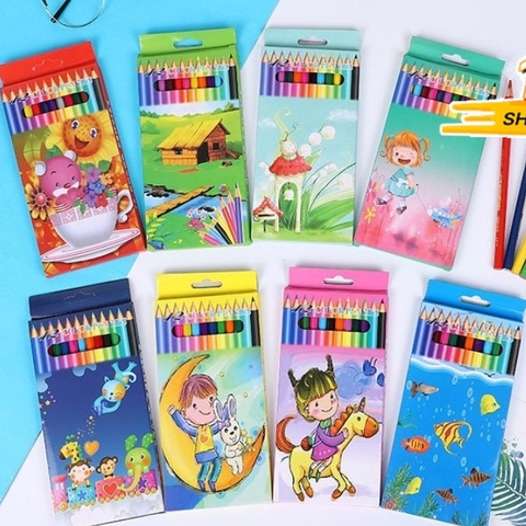 Hộp Bộ 12 Bút Màu Vỏ Gỗ, Bút Tô Nhiều Màu Sắc, Cho Bé Mẫu hoạt Hình Sáng Tạo PVN6193