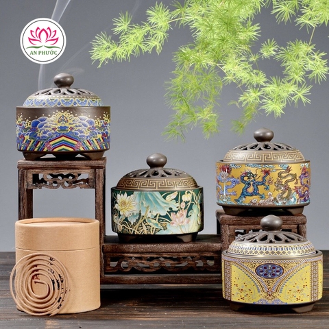 Lư Xông Trầm Hương - Đỉnh Đốt Nhang Bằng Gốm Sứ Cao Cấp Có Hoa Văn Chạm Khắc rồng, sen, chú