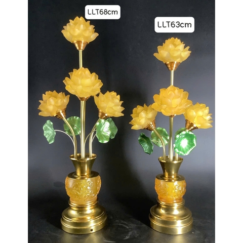 Cặp Đèn Hoa Sen Vàng Kèm Lá Xanh –Đèn Bàn Thờ Gia Tiên, Chùa- Cao 63cm / 68cm