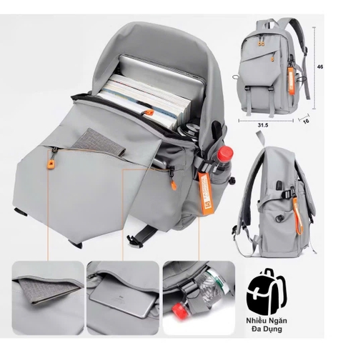 Balo thời trang 15.6 inch, có USB 2 màu Gulari cam nổi bật GL22
