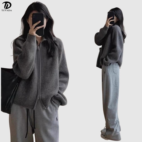 Áo khoác cardigan khóa kéo 2 đầu dáng oversize Tuvada - AKL134