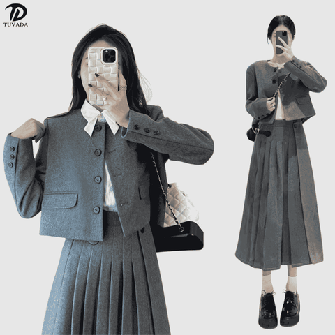 Áo khoác dạ kèm chân váy dáng xòe Tuvada - VDD135