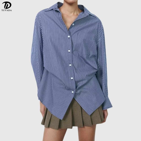 Áo sơ mi nữ kiểu hàn quốc form rộng họa tiết sọc Tuvada - ASM60