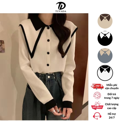 Áo polo nữ dài tay phối màu vạt áo Tuvada, áo mongtoghi vải len, áo dệt kim dài tay Hàn quốc LMT55
