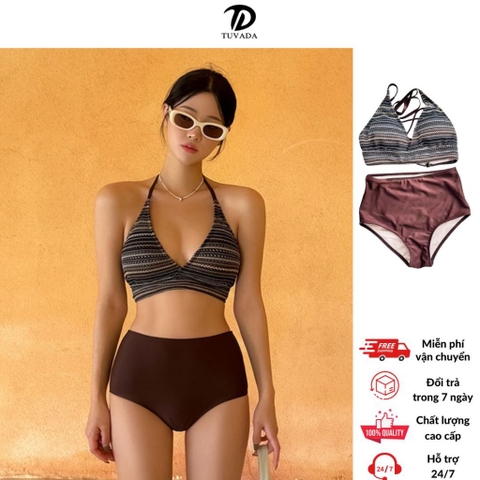 Bikini 2 mảnh Tuvada thổ cẩm, đồ bơi nữ quần cạp cao che bụng, áo tắm đi biển cao cấp - BKN155