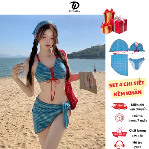 Bikini 2 mảnh Tuvada tặng kèm khăn, set đồ đi biển tôn dáng dễ mặc, đồ bơi nữ 4 chi tiết - BXK167