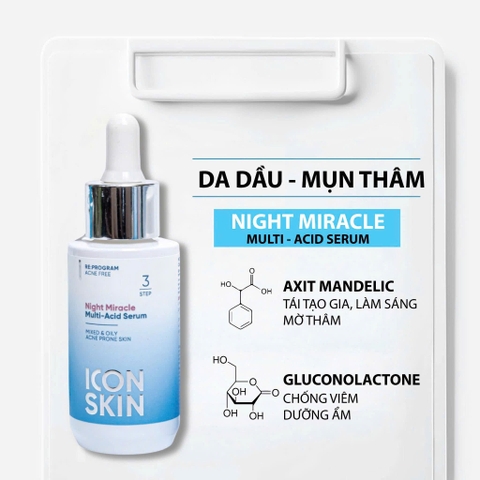 ICON SKIN NIGHT MIRACLE SERUM : DA SẠCH MỤN – SÁNG MỊN MỖI SỚM MAI