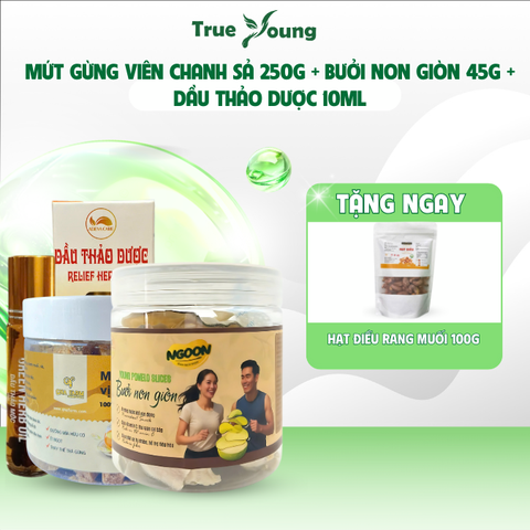 Combo Vị Ấm Giao Mùa Mứt Gừng Viên Chanh Sả 250g + Bưởi Non Giòn 45g + Dầu Thảo Dược 10ml