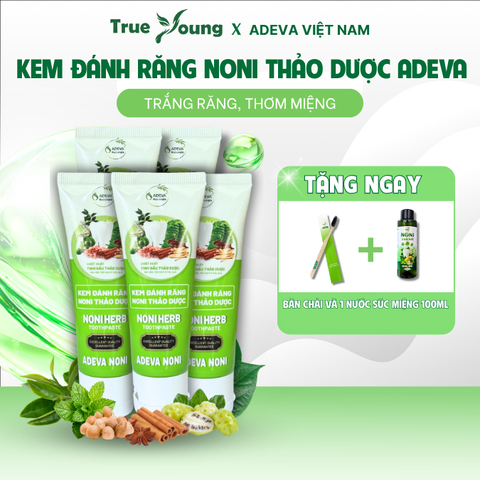 DEAL HOT 04: COMBO 5 KEM ĐÁNH RĂNG NONI THẢO DƯỢC ADEVA 50G TẶNG BÀN CHẢI SINH HỌC CAO CẤP VÀ NƯỚC SÚC MIỆNG THẢO DƯỢC