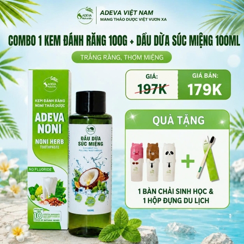 COMBO 1 KEM ĐÁNH RĂNG 100G + 1 DẦU DỪA SÚC MIỆNG 100ML TẶNG NGAY 1 BÀN CHẢI SINH HỌC VÀ 1 HỘP DỰNG DU LỊCH