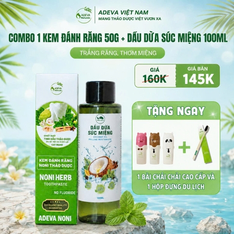COMBO 1 KEM ĐÁNH RĂNG 50G + DẦU DỪA SÚC MIỆN 100ML TẶNG NGAY 1 BÀN CHẢI DU LỊCH VÀ HỘP ĐỰNG DU LỊCH