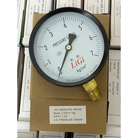 Đồng hồ áp suất LIGI 7Kg kích thước mặt 100mm ren đồng 3/8 PT 17mm (Không dầu)