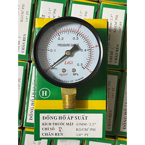 Đồng hồ áp suất hơi LIGI 5Kg kích thước mặt 63mm ren 13mm