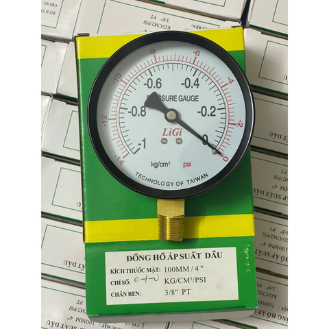 Đồng hồ áp suất chân không LIGI -1Kg -14PSI kích thước mặt 100mm ren đồng 3/8 PT 17mm