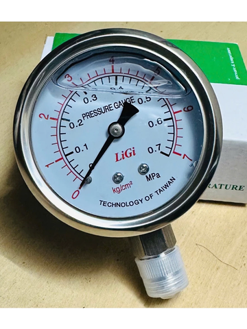 Đồng hồ áp suất dầu chân đứng LIGI dải đo 0-7Kg 0.7Mpa kích thước 63mm ren 1/4 13mm