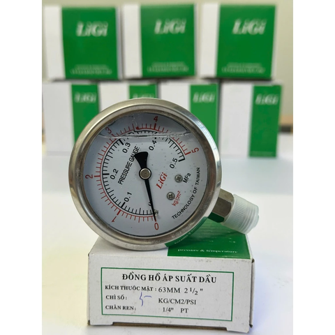 Đồng Hồ Áp Suất Dầu LIGI Mặt 63mm Chân Ren 13mm (1/4PT) Dải Đo 5kg/cm² (0.5MPa)