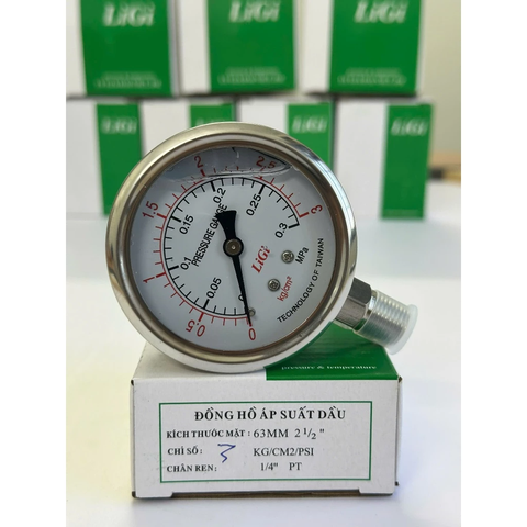 Đồng Hồ Áp Suất LIGI Có Dầu Mặt 63mm, Dải Đo 3kg/cm² (0.3MPa), Ren 1/4