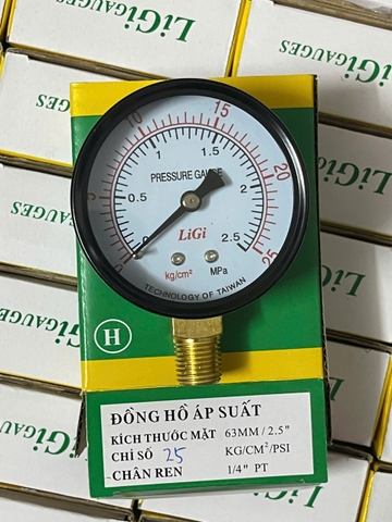 Đồng Hồ Hơi Áp Suất 63mm - Thang Đo 25kg/cm² (2.5MPa) - Ren Đồng 1/4