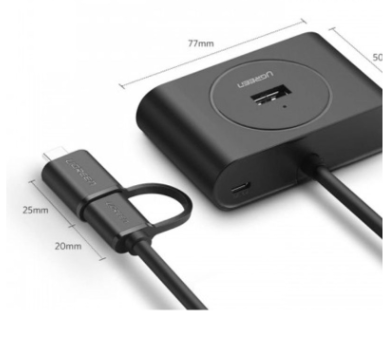 Bộ chia USB 3.0 + Type-C 4 cổng màu đen, dài 1M Ugreen (40850)