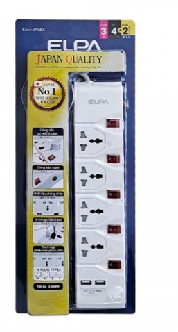 Ổ cắm điện ELPA ESU-VNI43 4 ổ điện, 5 công tắc, 3m, 2xUSB &nbsp;