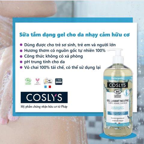Sữa tắm dạng gel cho da nhạy cảm hữu cơ Coslys (1L)
