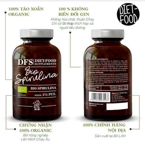 Viên uống tảo xoắn Spirulina hữu cơ (375 viên) Diet Food 150g