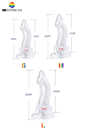 BDT1350 - Dương vật giả uốn cong trong suốt silicon có 3 size
