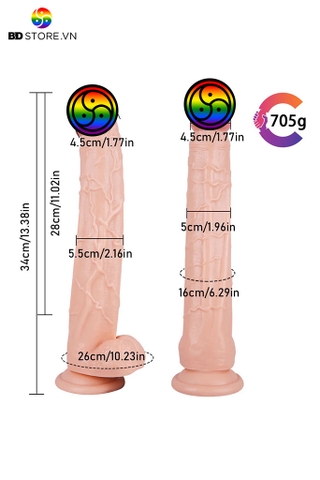 BDT1620 - Dương vật giả silicon có đế hít tường kèm gân nổi dài 34cm