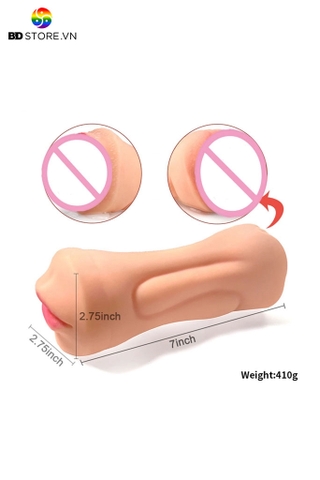 BDT2520 - Âm đạo giả cầm tay silicon kèm miệng có răng dài 18cm