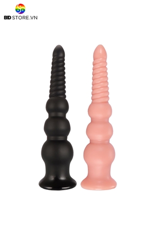 BDT2865 - Butt plug long dạng gờ xoắn ốc và chuỗi hạt phân cấp đế dính tường