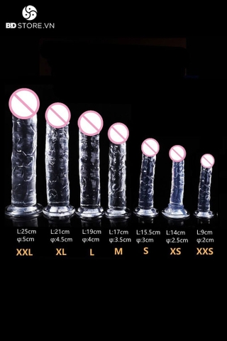 BDT840 - Dương vật giả trong suốt không bìu đế hít tường kèm 7 size