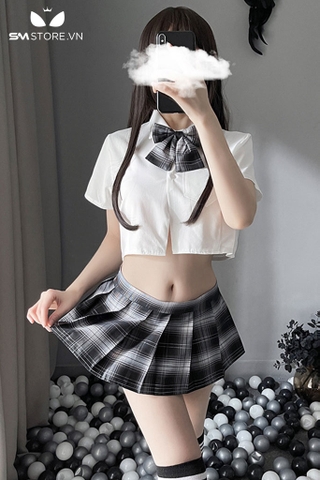 SMS045 - Đồ cosplay học sinh nhật bản áo sơ mi croptop và chân váy kẻ