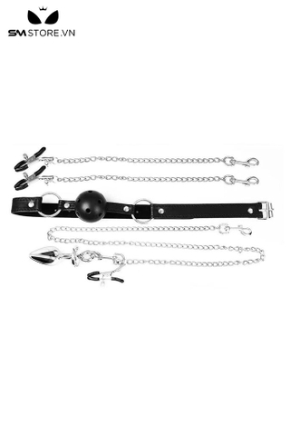 SMT3168 - Butt plug kèm ball gag silicon và dây nối kẹp núm vú 3 đầu