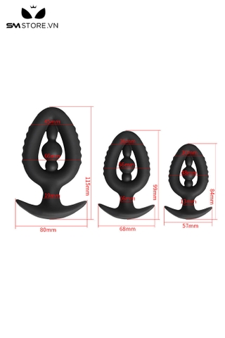 SMT3820 - Butt plug silicon đế cong rỗng giữa 3 tầng dài 84 99 và 115mm