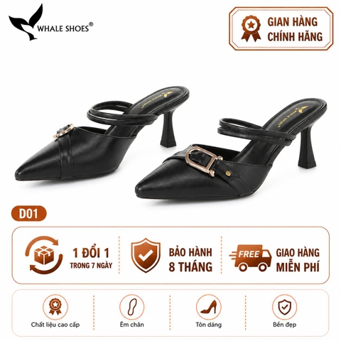 Sục cao gót nữ  Whale Shoes 7cm mũi nhọn, đính khóa, êm chân, đế chống trượt-D01