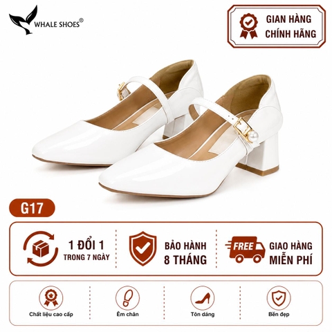 Giày Cao Gót Bít Mũi Whale Shoes 5cm Da Bóng quai đính khóa ngọc trai, Lót Êm, Đế Chống Trượt-G17
