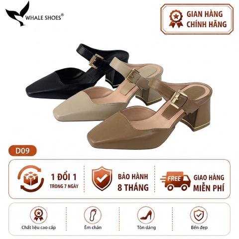 Dép Sục nữ  Whaleshoes Gót 7cm Gót Vuông Quai Khóa Kim Loại Vàng Gold Thanh Lịch-D09