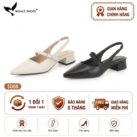 Giày slingback nữ Whale Shoes 3cm mũi nhọn da mờ, gót vuông bọc da, đế chống trượt-SD08