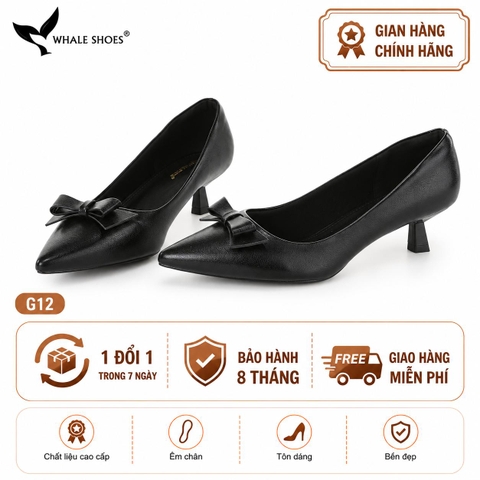 Giày Cao Gót Whale Shoes 4cm, da bóng và da mờ, mũi nhọn đính nơ, lót êm, đế chống trượt-G12