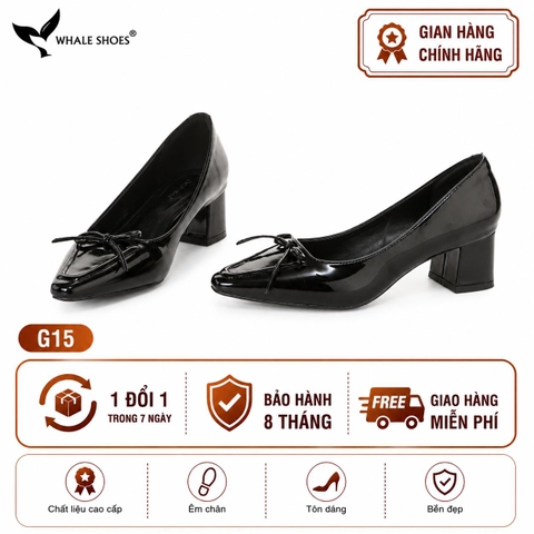 Giày Cao Gót Mũi Vuông Whaleshoes 5cm Da Bóng Đính Nơ Lót Êm Đế Chống Trơn Trượt-G15