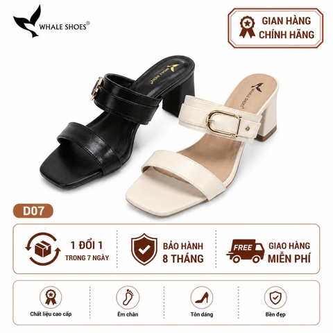 Dép cao gót Whale Shoes 6.5cm mũi vuông, đính khóa thanh lịch, êm chân, đế chống trượt-D07