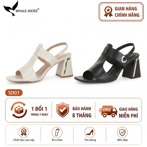 Giày Sandal nữ Whale Shoes 7cm, mũi vuông 7cm sơn vân da, viền mạ vàng, đế chống trượt-SD01
