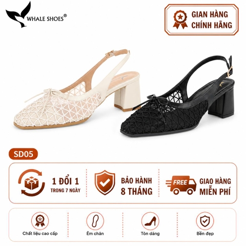 Giày slingback Whale Shoes mũi vuông da mờ phối  lưới, đính nơ, gót trụ bọc da, đế chống trượt-SD05