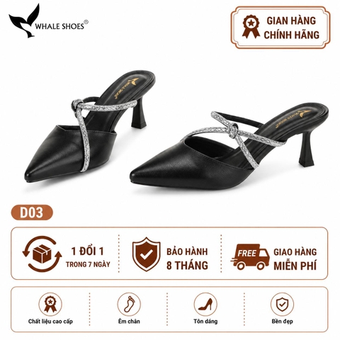 Sục cao gót nữ Whale Shoes (tăng size) 7cm mũi nhọn, cổ tim, dây đính đá, đế chống trượt-D03