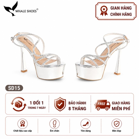 Giày Sandal hoa hậu Whale Shoes 15cm mũi tròn da bóng, dây đá sáng, đế chống trượt-SD15