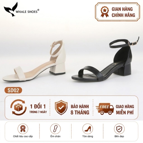 Giày Sandal nữ Whale Shoes mũi tròn gót vuông 4cm bản ngang, da mềm êm chân, đế chống trượt-SD02