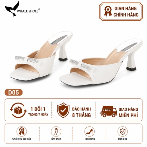 Dép (guốc) nữ Whale Shoes 6cm (tăng size) mũi vuông vân da dưa lưới, nơ đính đá, đế chống trượt-D05