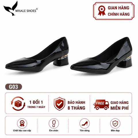 Giày cao gót nữ Whale Shoes 4cm da bóng, gót vuông mica viền vàng mũi nhọn-G03