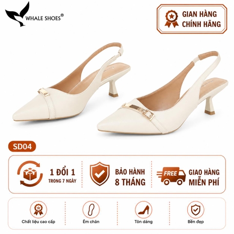 Giày Slingback Whale Shoes 5cm mũi nhọn, hậu vuông da mờ, đính khoá mạ vàng-SD04